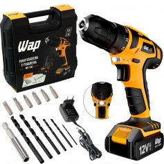 Furadeira Parafusadeira 3/8pol a bateria 12V com kit de brocas e bits